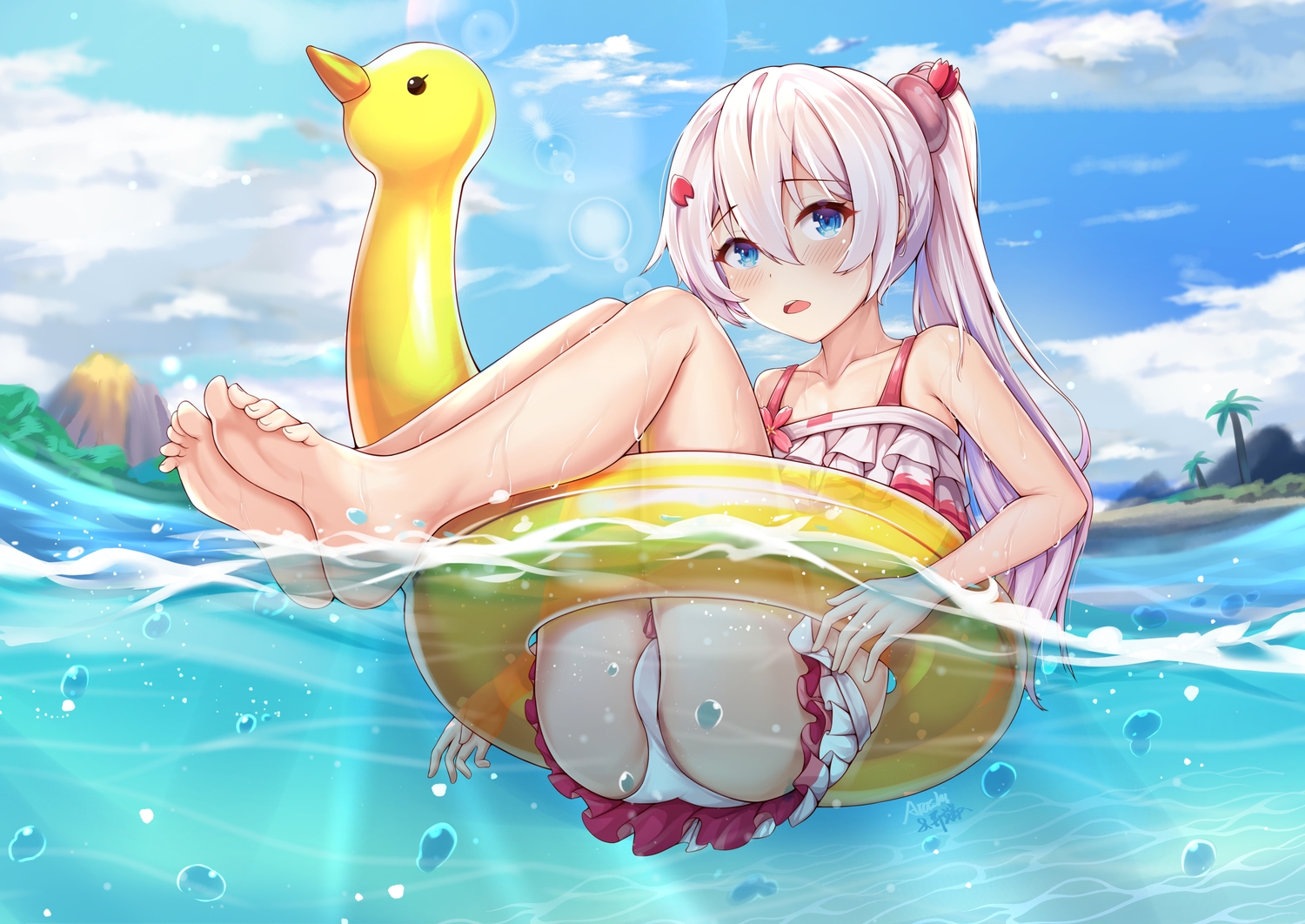 barefoot, bikini, flat_chest, honkai_impact, honkai_(series), long_hair, ponytail, swim_ring, swimsuit, theresa_apocalypse, water, yiduan_zhu