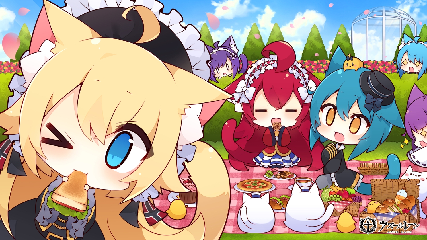animal, animal_ears, antenna_(azur_lane), apple, aqua_eyes, aqua_hair, azur_lane, bird, bishamaru_(azur_lane), blonde_hair, cake, cat, catgirl, chibi, clouds, drink, fang, flowers, food, fruit, goth-loli, group, hat, headdress, japanese_clothes, justice_(azur_lane), logo, lolita_fashion, long_hair, manjuu_(azur_lane), muuran, oscar_(azur_lane), petals, pizza, purple_hair, red_hair, rose, short_hair, skirt, sky, steel_(azur_lane), tail, takemaru_(azur_lane), wink, yellow_eyes
