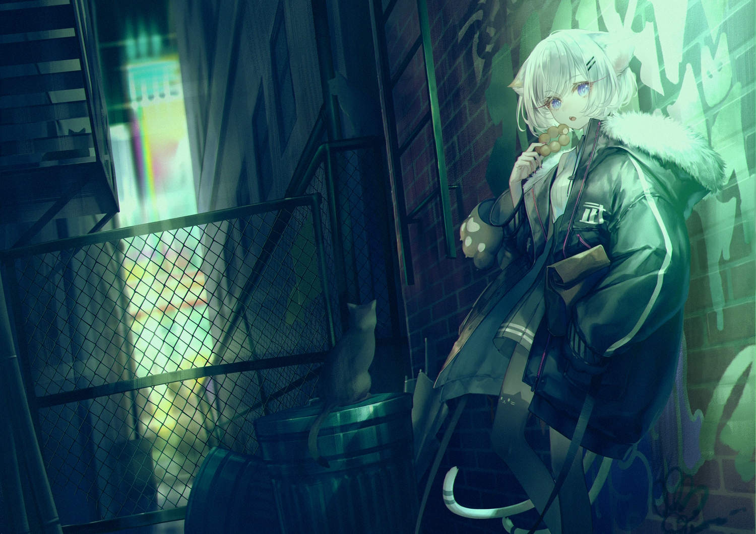 animal, animal_ears, blue_eyes, cat, catgirl, food, murasaki_yuki, original