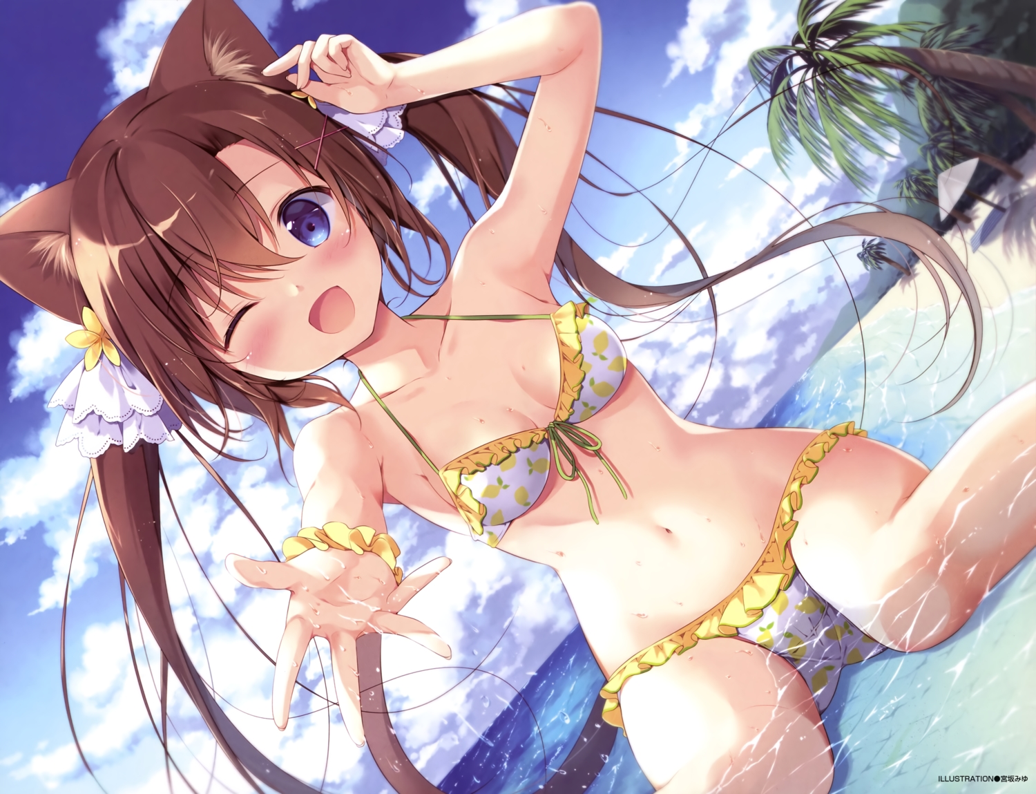 animal_ears, beach, bikini, blue_eyes, blush, brown_hair, catgirl, clouds