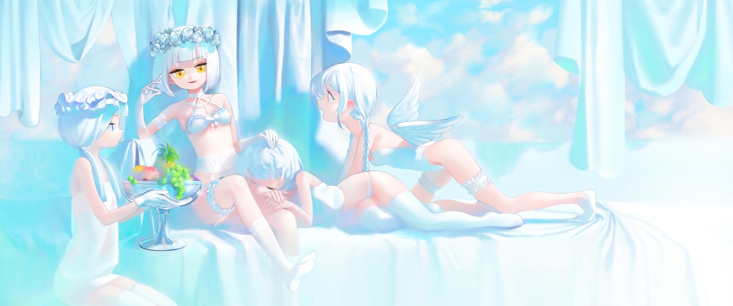 angel, bed, blue_eyes, bra, clouds, dress, flowers, food, fruit, garter_belt, gloves, group, headdress, kaede_(shijie_heping), kneehighs, loli, long_hair, original, panties, red_eyes, rose, short_hair, sky, sleeping, thighhighs, twintails, underwear, wings, yellow_eyes
