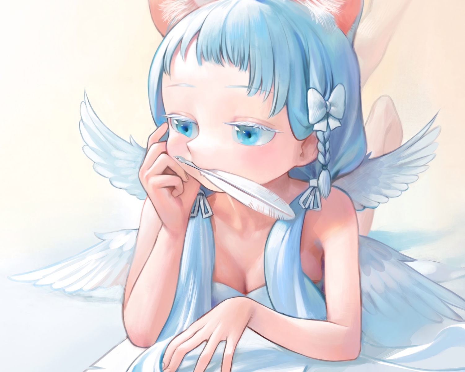 animal_ears, aqua_eyes, aqua_hair, bow, braids, breasts, catgirl, cleavage, cropped, kaede_(shijie_heping), original, white_hair, wings