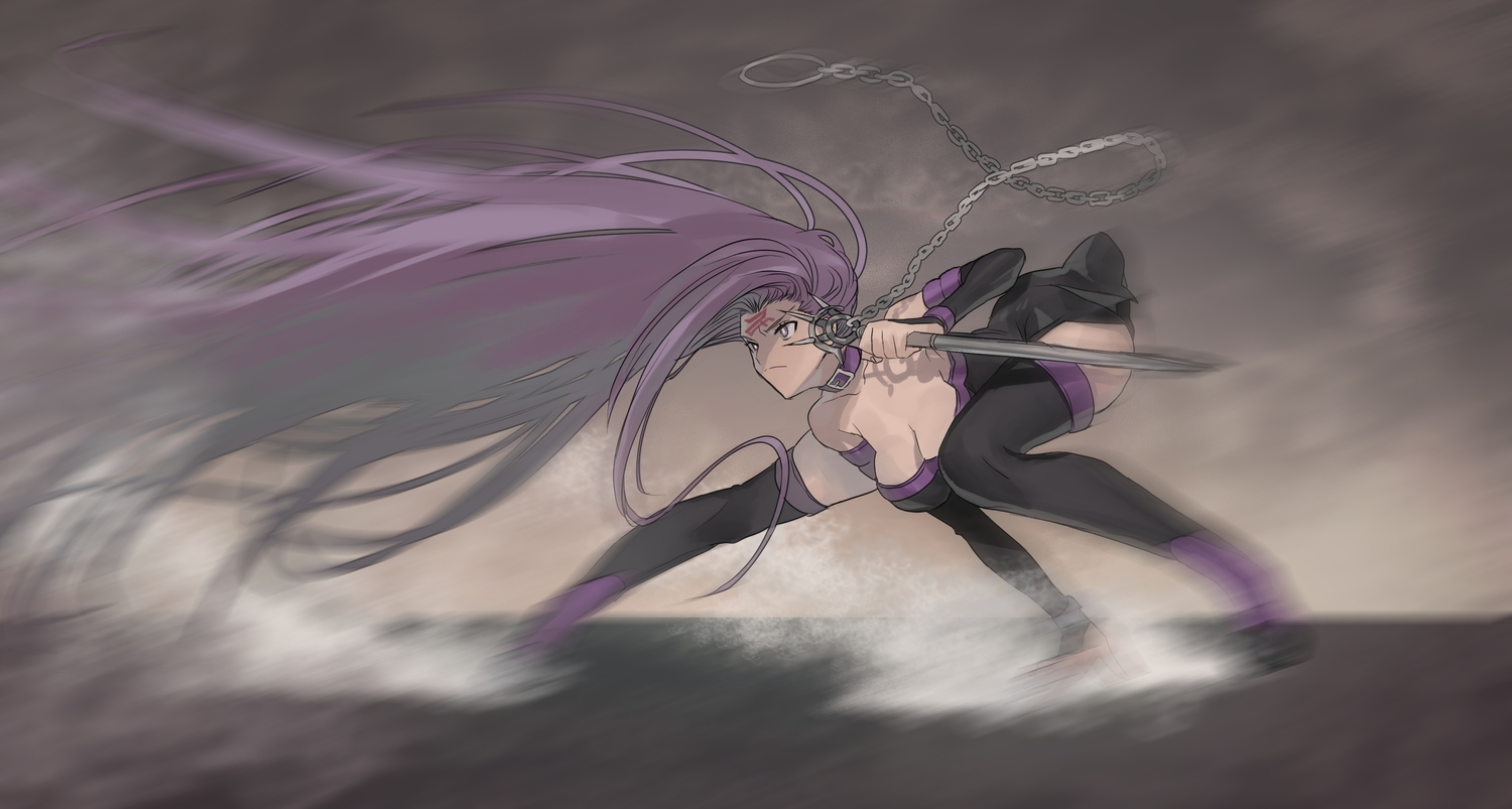 boots, breasts, chain, cleavage, collar, dress, fate_(series), fate/stay_night, none_(kameko227), purple_eyes, purple_hair, rider, sword, thighhighs, weapon