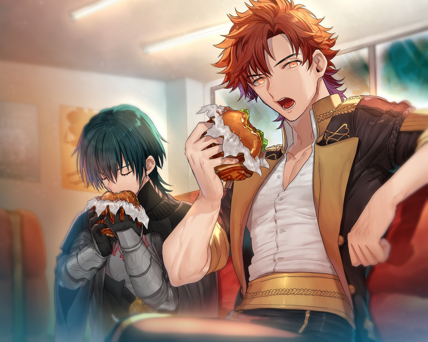 all_male, armor, byleth_(male), cropped, fire_emblem, food, gloves, green_hair