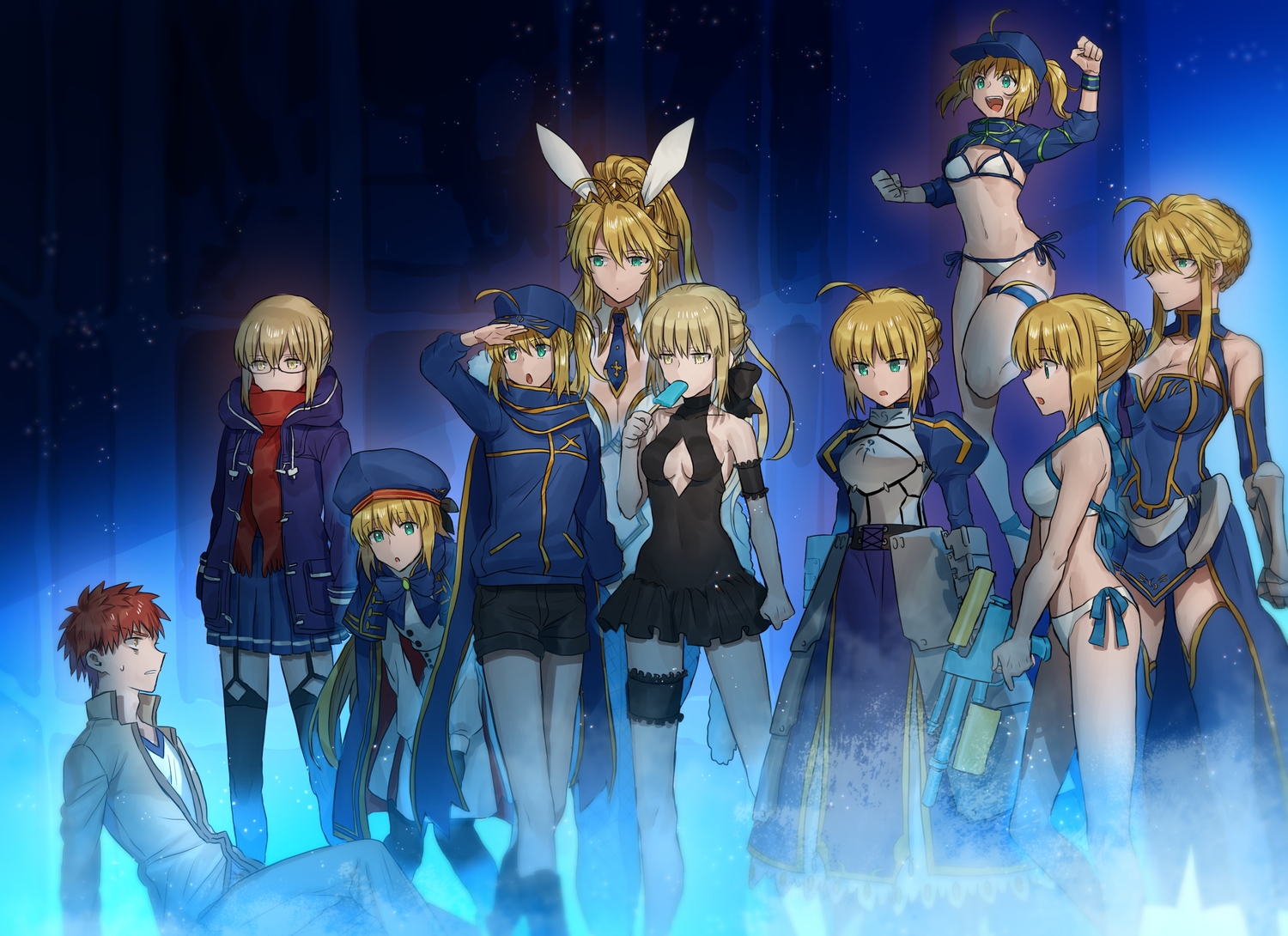animal_ears, aqua_eyes, artoria_caster_(fate), artoria_pendragon_(all), artoria_pendragon_(lancer), blonde_hair, breasts, bunny_ears, bunnygirl, cleavage, dress, emiya_shirou, fate/grand_order, fate_(series), fate/stay_night, glasses, green_eyes, group, hat, male, mysterious_heroine_x, mysterious_heroine_x_alter, mysterious_heroine_xx_(foreigner), navel, none_(kameko227), ponytail, popsicle, red_hair, saber, saber_alter, scarf, shirt_lift, short_hair, shorts, skirt, stockings, thighhighs, yellow_eyes, zettai_ryouiki