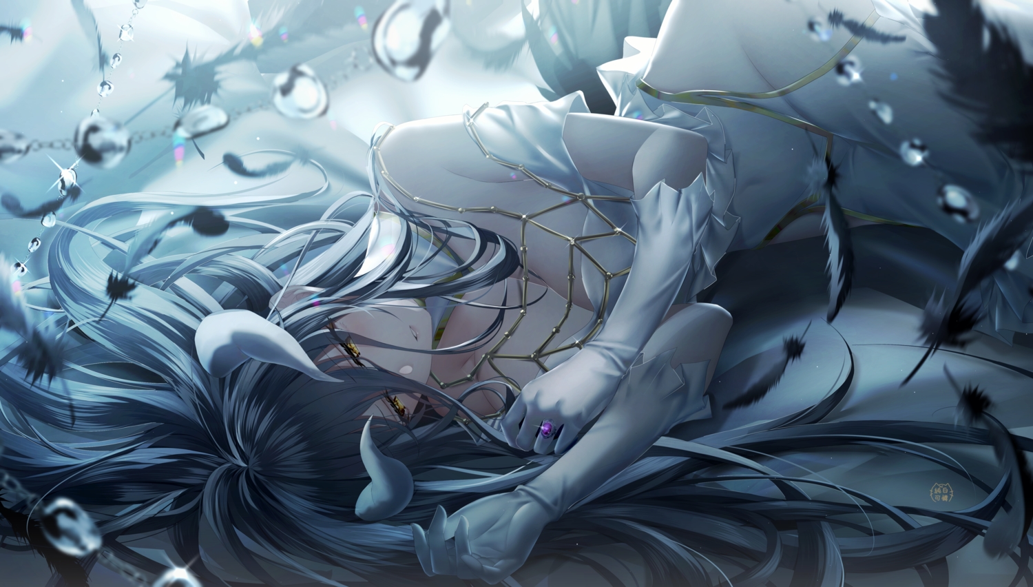 albedo, black_hair, breasts, bubbles, chain, cleavage, demon, dress