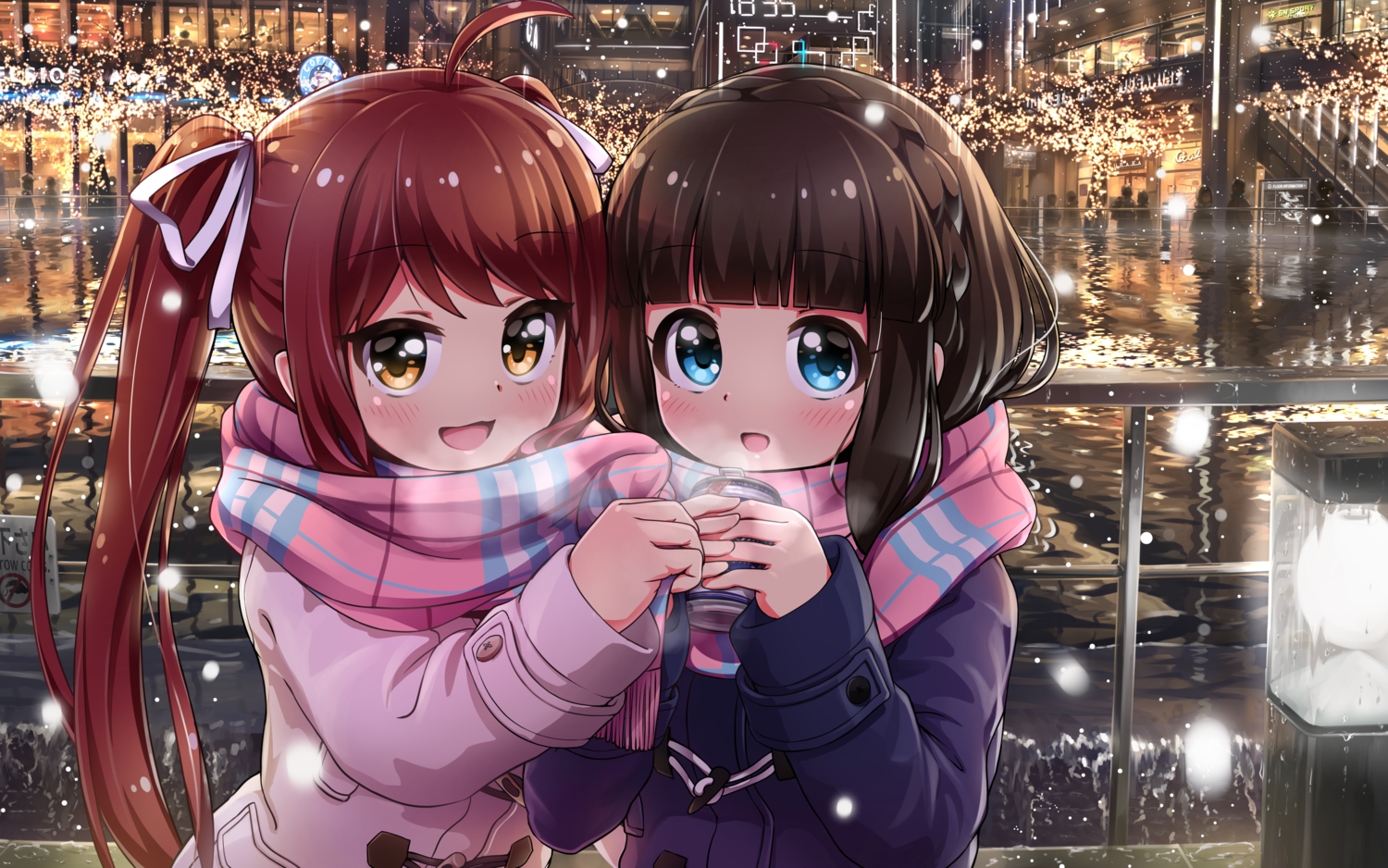 2girls, asahina_kokomi, battle_girl_high_school, blue_eyes, brown_hair, building, city, drink