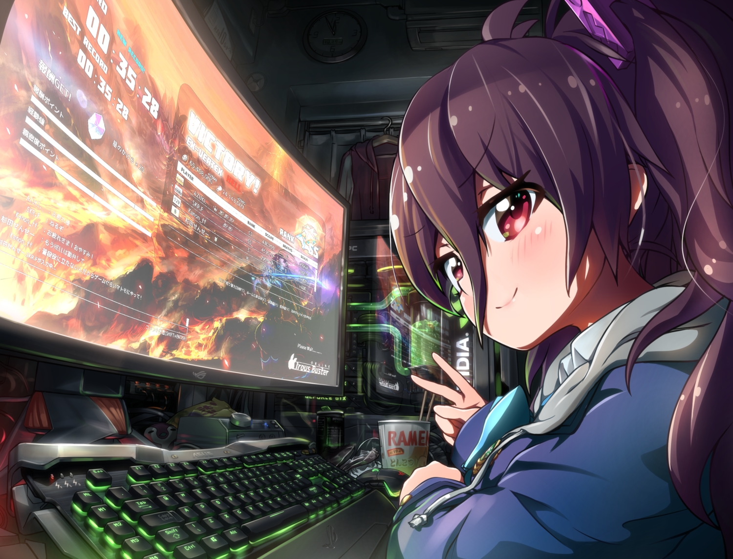 battle_girl_high_school, blush, brown_hair, close, computer, food, long_hair, red_eyes