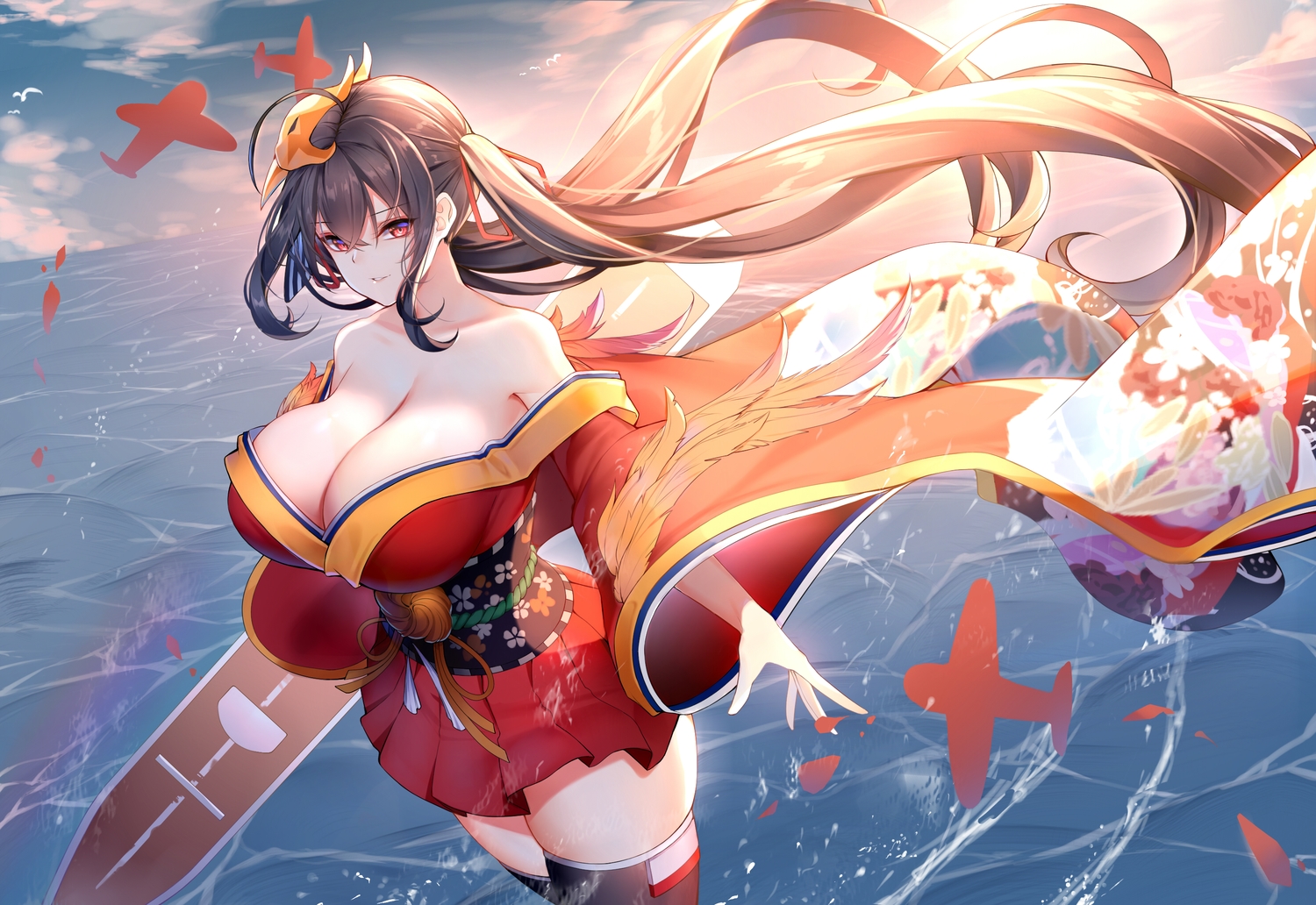 anthropomorphism, azur_lane, black_hair, breasts, chixiao, cleavage, clouds, japanese_clothes, kimono, no_bra, red_eyes, sky, taihou_(azur_lane), thighhighs, twintails, water, zettai_ryouiki