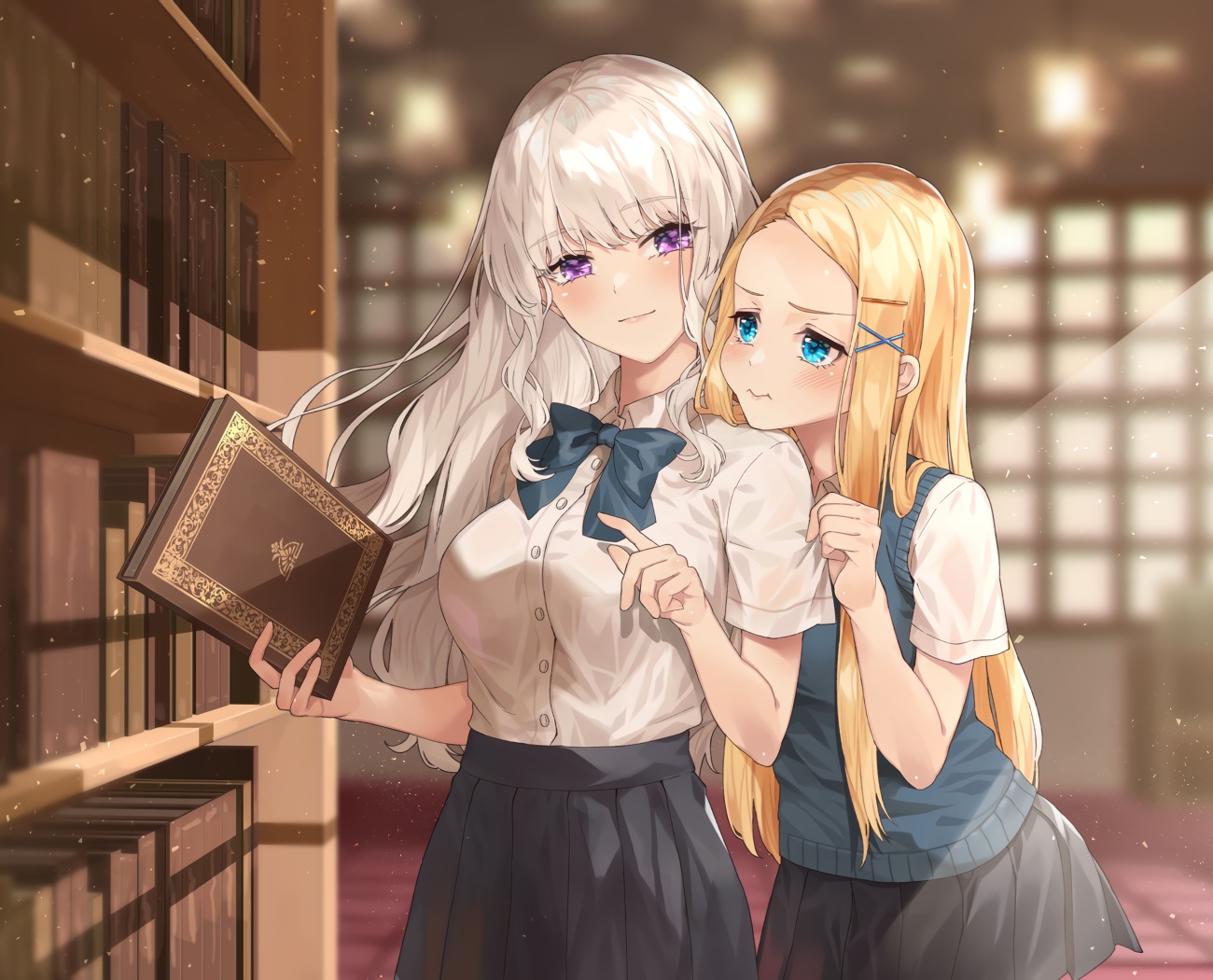 2girls, aqua_eyes, blonde_hair, blush, book, bow, long_hair, matsusatoru_kouji