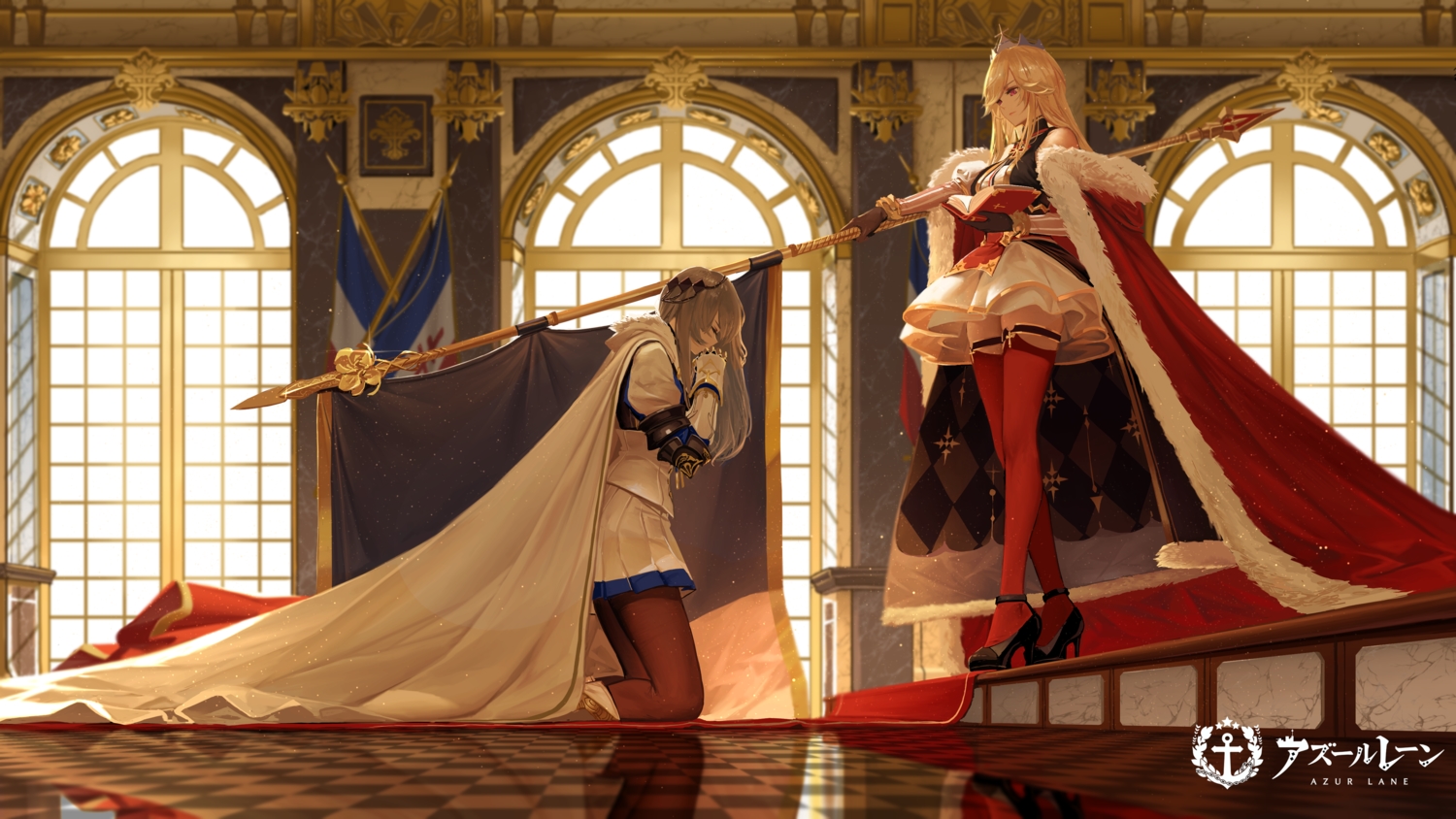 2girls, anthropomorphism, azur_lane, cape, dishwasher1910, logo, richelieu_(azur_lane), saint-louis_(azur_lane)