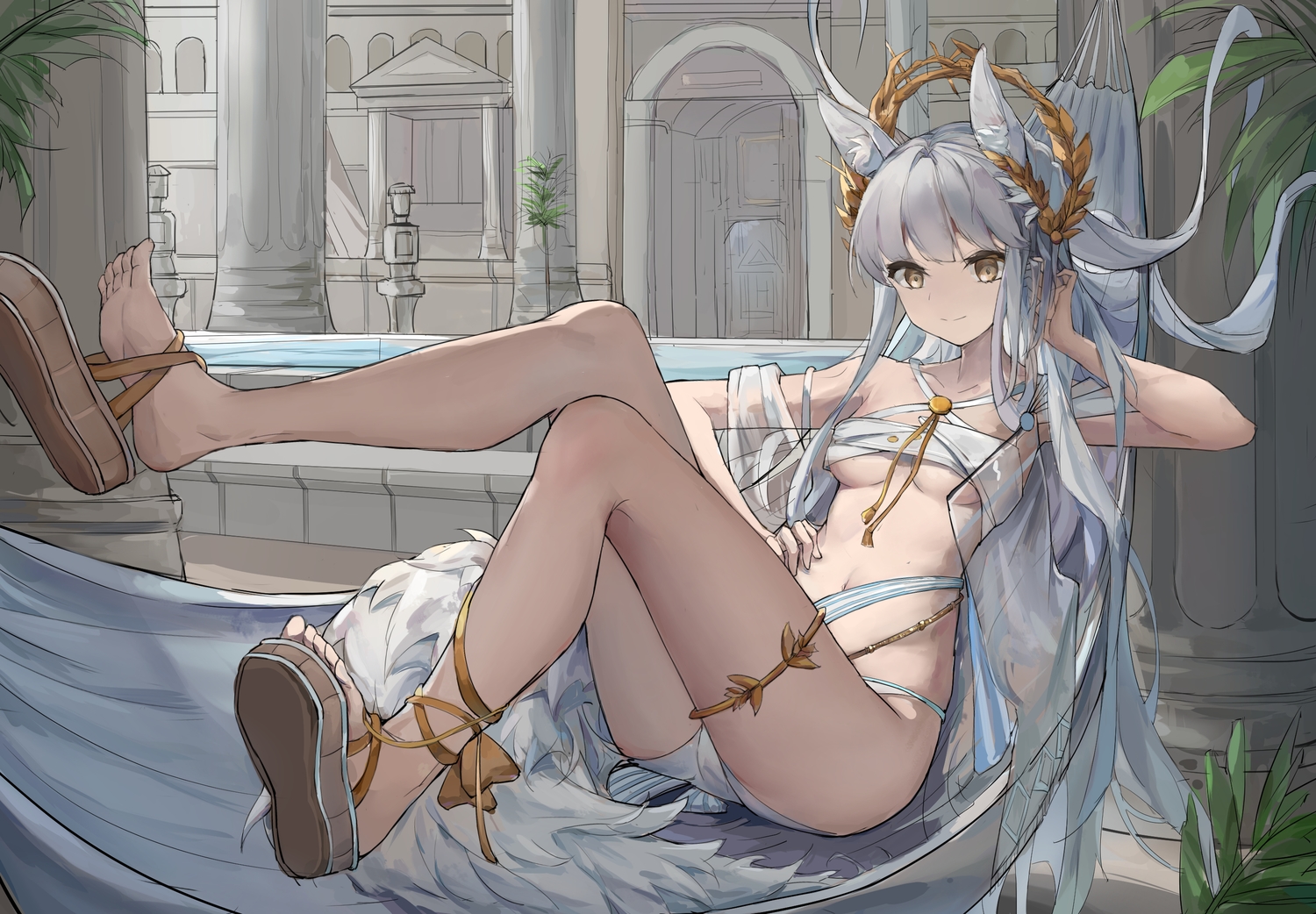aliasing, animal_ears, arknights, brown_eyes, gray_hair, long_hair, platinum_(arknights), sketch, yuxia_(please6)