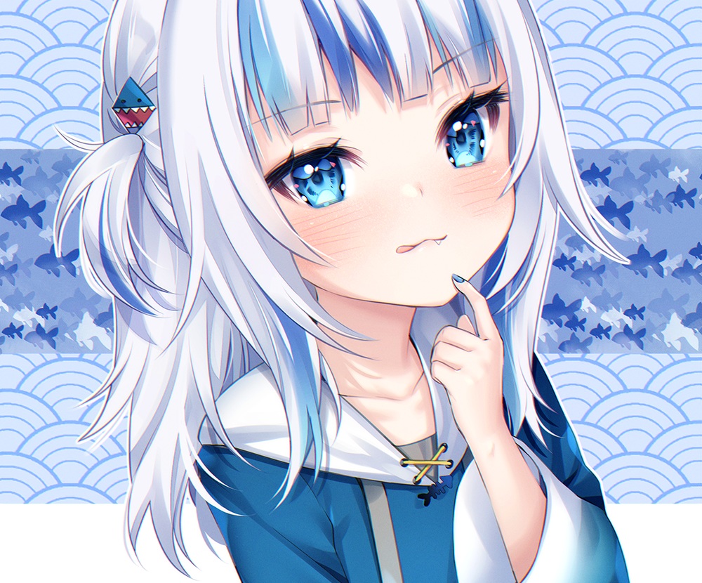 aqua_eyes, blush, close, cropped, fang, gawr_gura, hololive, hood