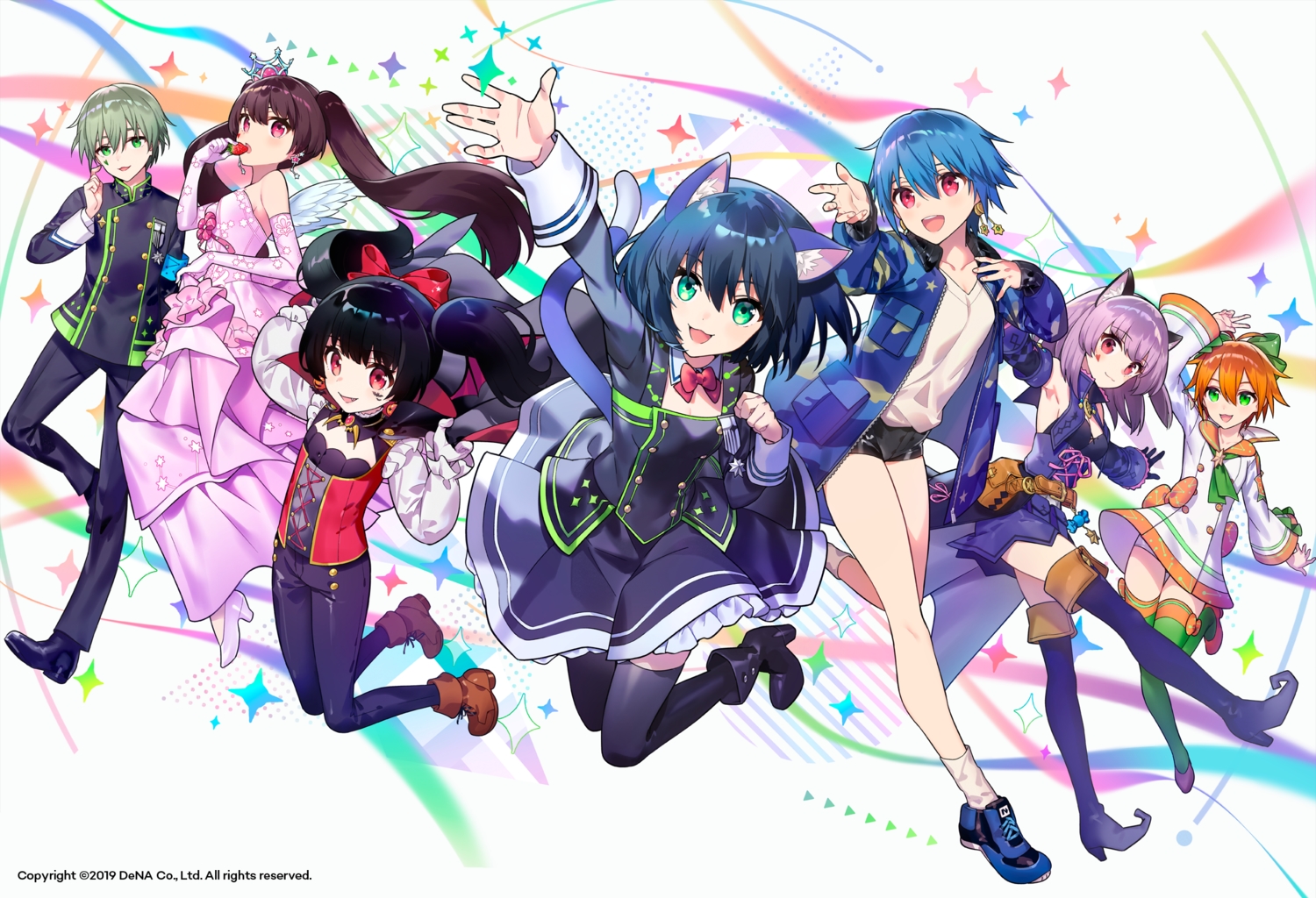 animal_ears, black_hair, blue_hair, boots, bow, brown_hair, cape, catgirl