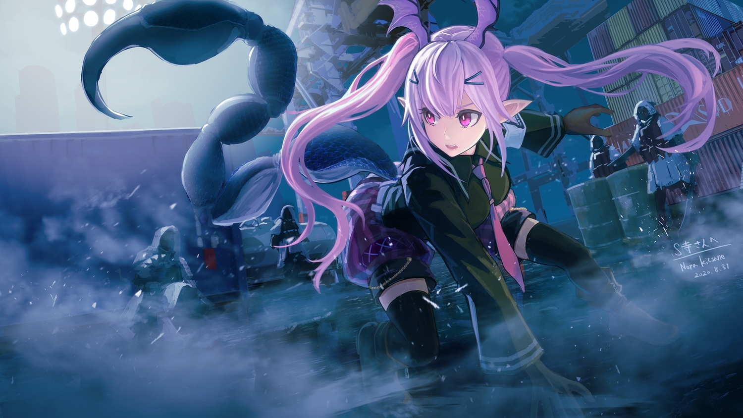 arknights, gloves, long_hair, male, manticore_(arknights), pink_eyes, pink_hair, pointed_ears