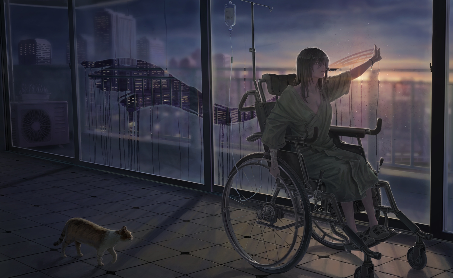 animal, black_hair, breasts, brown_eyes, building, cat, city, cleavage, dark, namako_mikan, original, scenic, sunset, wristwear