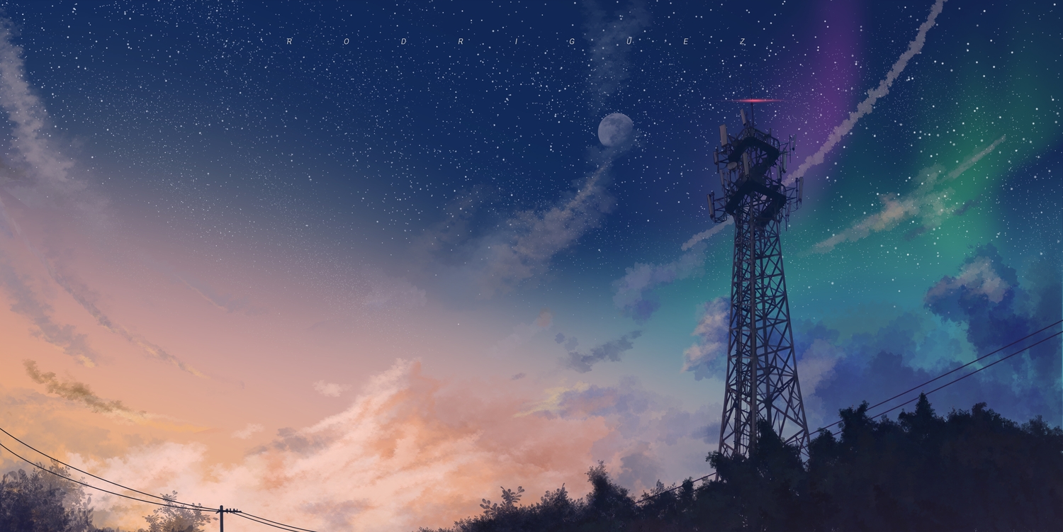 clouds, moon, no_humans, original, rodriguez_(kamwing), scenic, sky, stars, sunset, tree, watermark