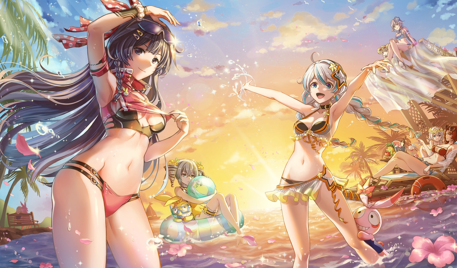 bikini, bronya_zaychik, clouds, group, honkai_impact, honkai_(series), kallen_kaslana, murata_himeko, myurumyuru, raiden_mei, sky, sunset, swimsuit, tagme_(character), theresa_apocalypse, tree, water, yae_sakura_(benghuai_xueyuan)