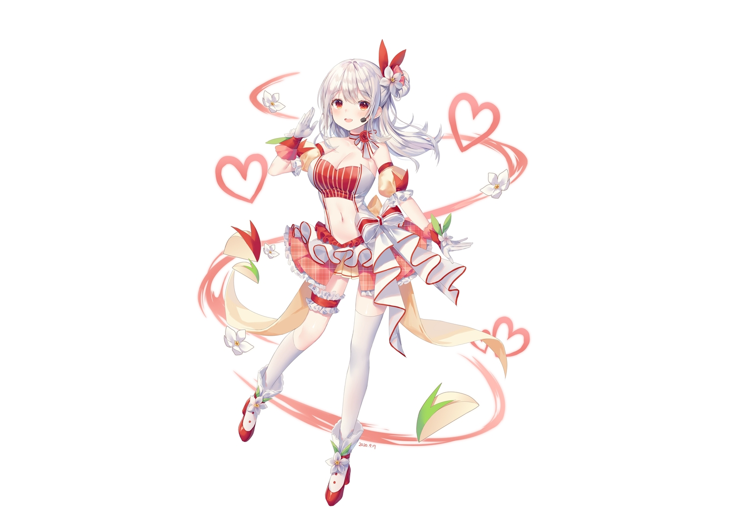 anthropomorphism, apple, blush, breasts, choker, cleavage, flowers, food, fruit, fruits_fulcute!, garter, gloves, heart, kneehighs, long_hair, microphone, navel, red_eyes, ribbons, ringo_(furufuru), rose, shiro_albino, skirt, thighhighs, white, white_hair, zettai_ryouiki