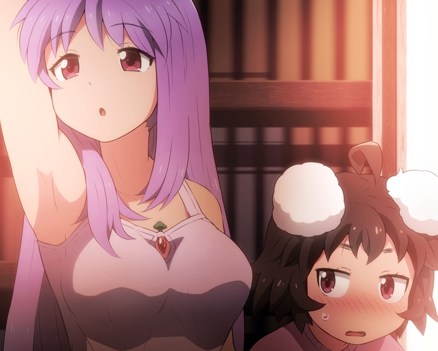 2girls, animal_ears, blush, brown_hair, bunny_ears, bunnygirl, cropped, inaba_tewi