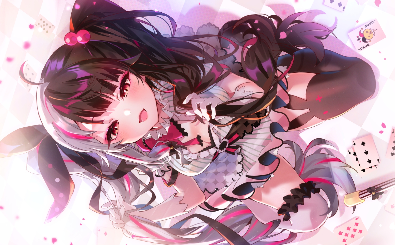 aruterra, black_hair, blush, bow, breasts, cleavage, elbow_gloves, gloves, lolita_fashion, long_hair, nijisanji, red_eyes, ribbons, thighhighs, twintails, yorumi_rena, zettai_ryouiki