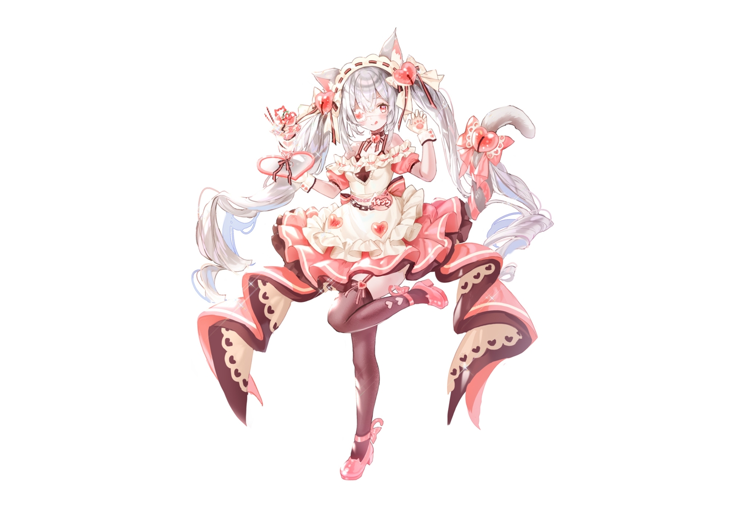 aliasing, animal_ears, anthropomorphism, bell, bow, catgirl, choker, eyepatch, food, fruits_fulcute!, garter_belt, gloves, gray_hair, haruri, headdress, ice_cream, ichijiku_(furufuru), long_hair, maid, red_eyes, ribbons, tail, thighhighs, third-party_edit, twintails, waitress, white