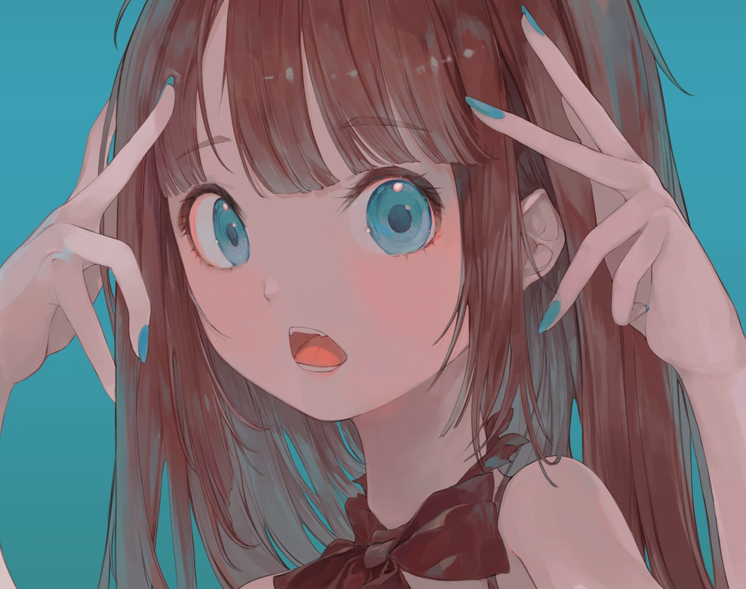 aqua_eyes, bow, brown_hair, close, cropped, fang, mile_(mil2), original