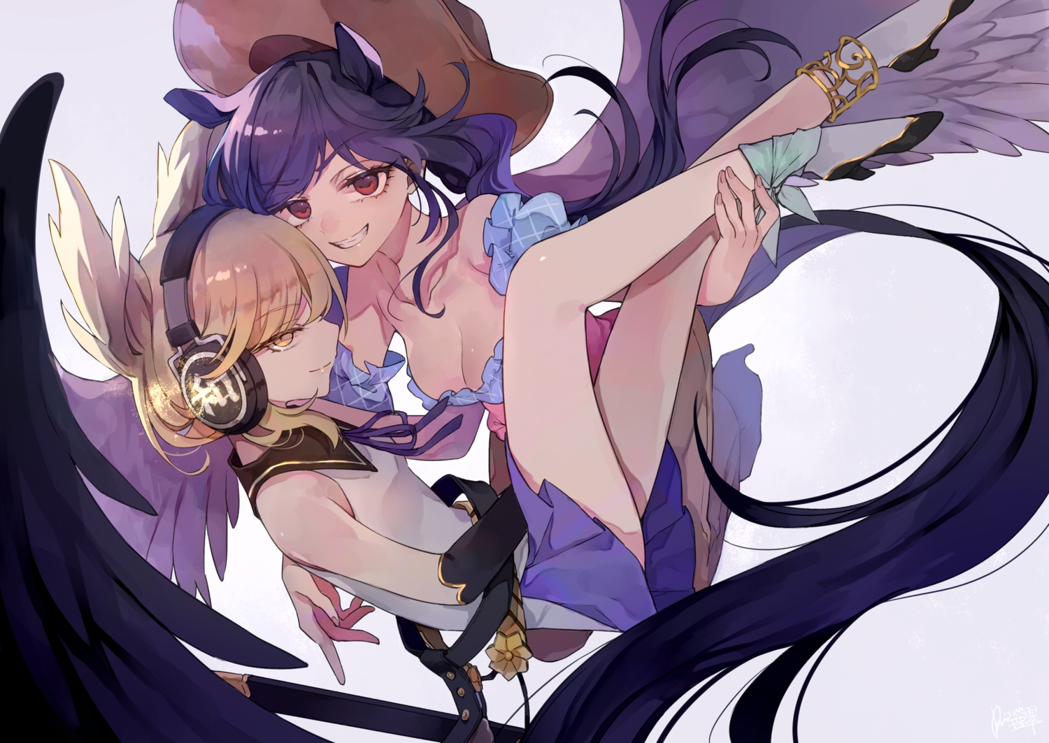 2girls, animal_ears, blonde_hair, breasts, cleavage, cowgirl, flat_chest, hat, headphones, kurokoma_saki, long_hair, purple_hair, red_eyes, risui_(suzu_rks), short_hair, skirt, socks, touhou, toyosatomimi_no_miko, wings, yellow_eyes