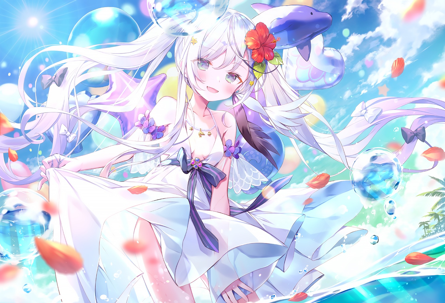 aqua_eyes, awae_iroha, bow, clouds, dress, fang, ibara_riato, livercity, long_hair, petals, skirt_lift, sky, twintails, water, white_hair