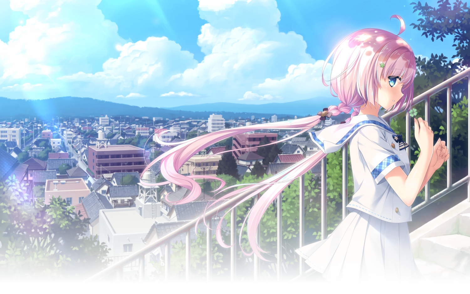 aqua_eyes, blush, braids, building, city, clouds, hoshina_harune, hulotte
