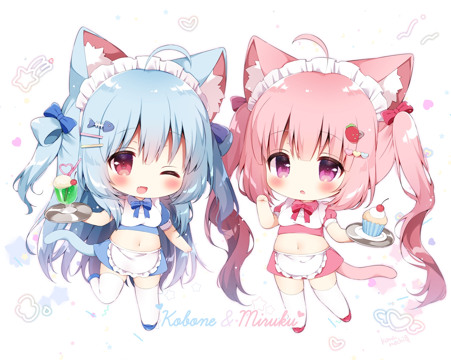 2girls, animal_ears, apron, blue_hair, blush, bow, cake, catgirl