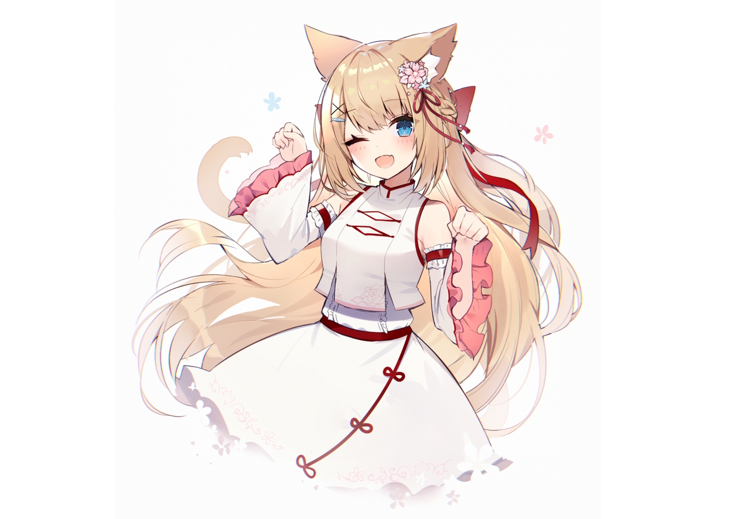 animal_ears, aqua_eyes, blonde_hair, blush, bow, braids, catgirl, chinese_clothes