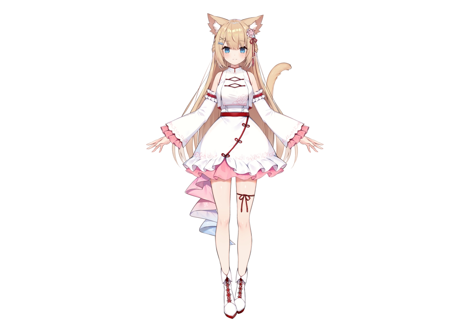 animal_ears, aqua_eyes, blonde_hair, blush, boots, braids, catgirl, chinese_clothes