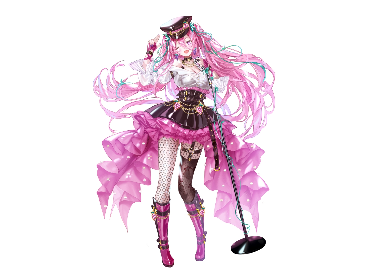 anthropomorphism, boots, breasts, budou_(furufuru), choker, cleavage, fruits_fulcute!, garter, gloves, haruri, hat, long_hair, microphone, ribbons, see_through, shirt, skirt, stockings, thighhighs, third-party_edit, twintails, white, wristwear