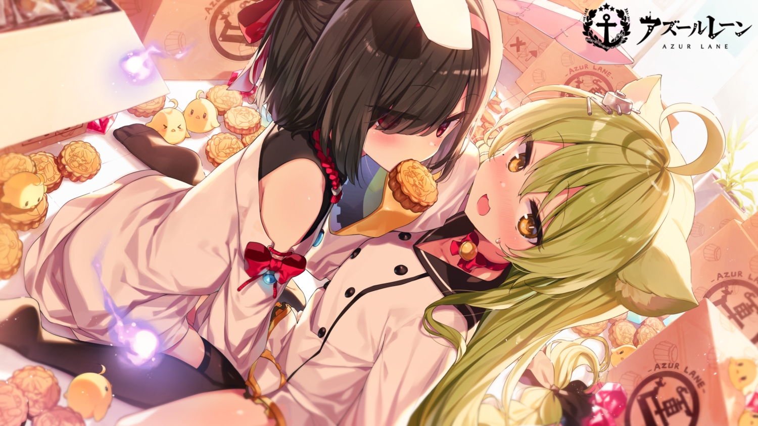 2girls, akashi_(azur_lane), animal_ears, anthropomorphism, azur_lane, brown_hair, bunny_ears, catgirl, food, logo, loli, long_hair, manjuu_(azur_lane), red_eyes, shiranui_(azur_lane), shnva, short_hair, thighhighs, yellow_eyes