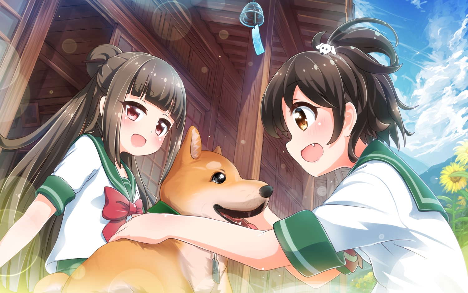 2girls, animal, battle_girl_high_school, dog, fujimiya_sakura, minami_hinata, school_uniform, tamanegi_(12030028)