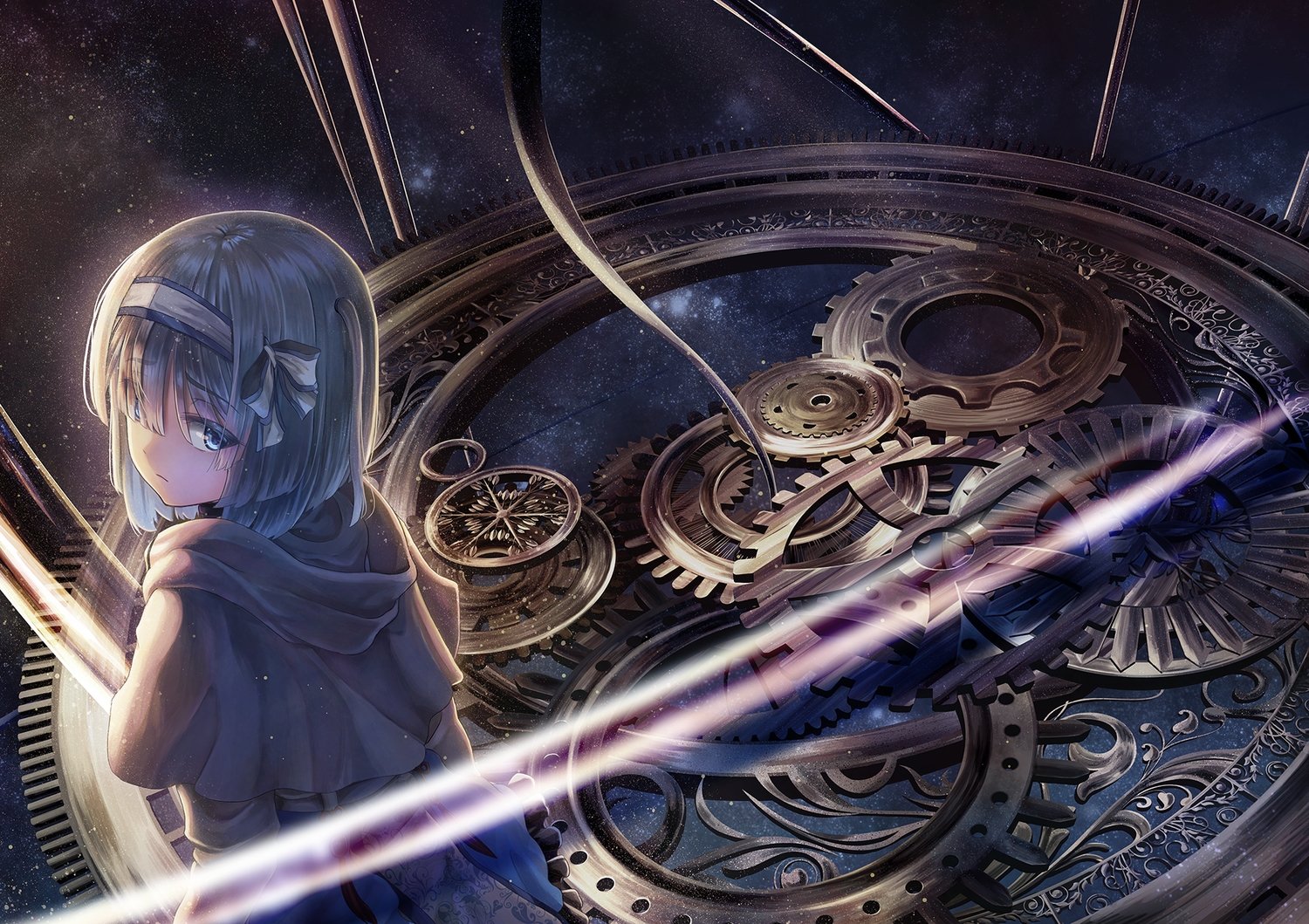 aqua_eyes, cape, gray_hair, headband, hood, original, windfeathers
