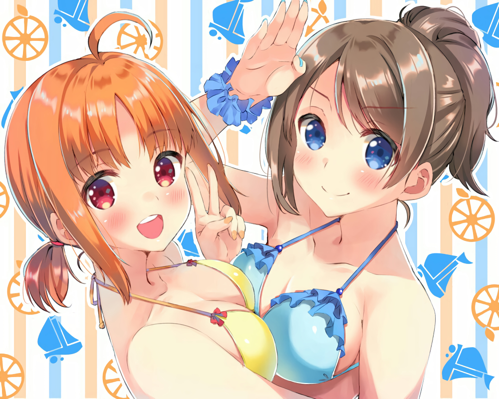 2girls, 38-21, bikini, blue_eyes, blush, breasts, brown_hair, cleavage