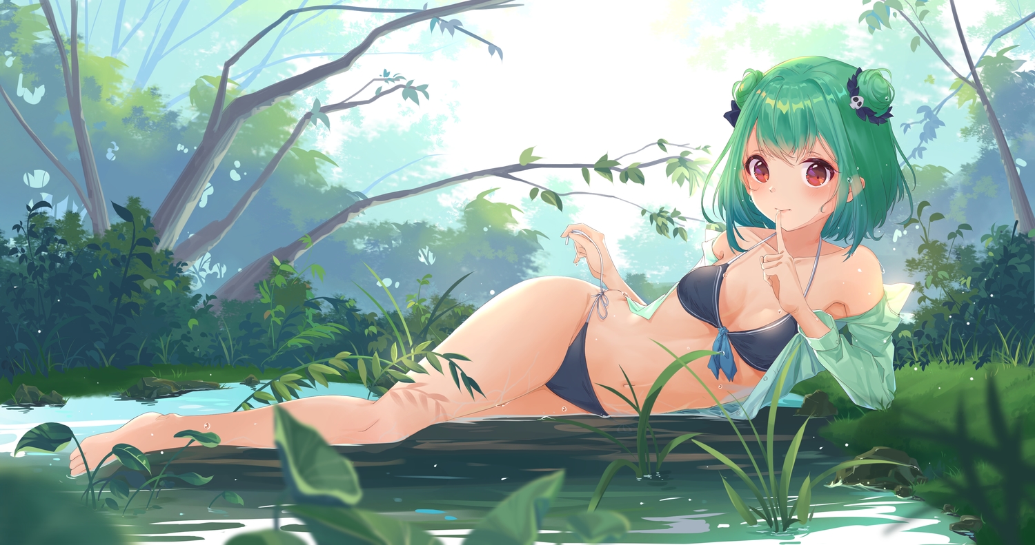 barefoot, bikini, blush, green, green_hair, hololive, navel, open_shirt, red_eyes, swimsuit, uruha_rushia, water, zhongchun_ci
