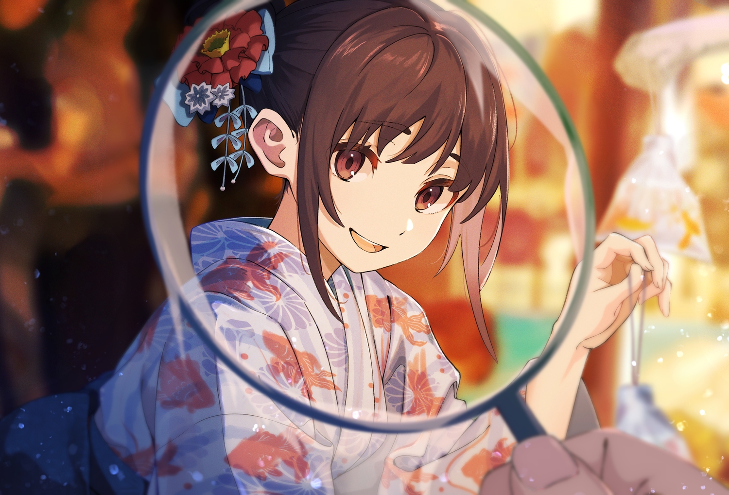 animal, brown_eyes, brown_hair, festival, fish, graffy_boring, japanese_clothes, original, summer, yukata