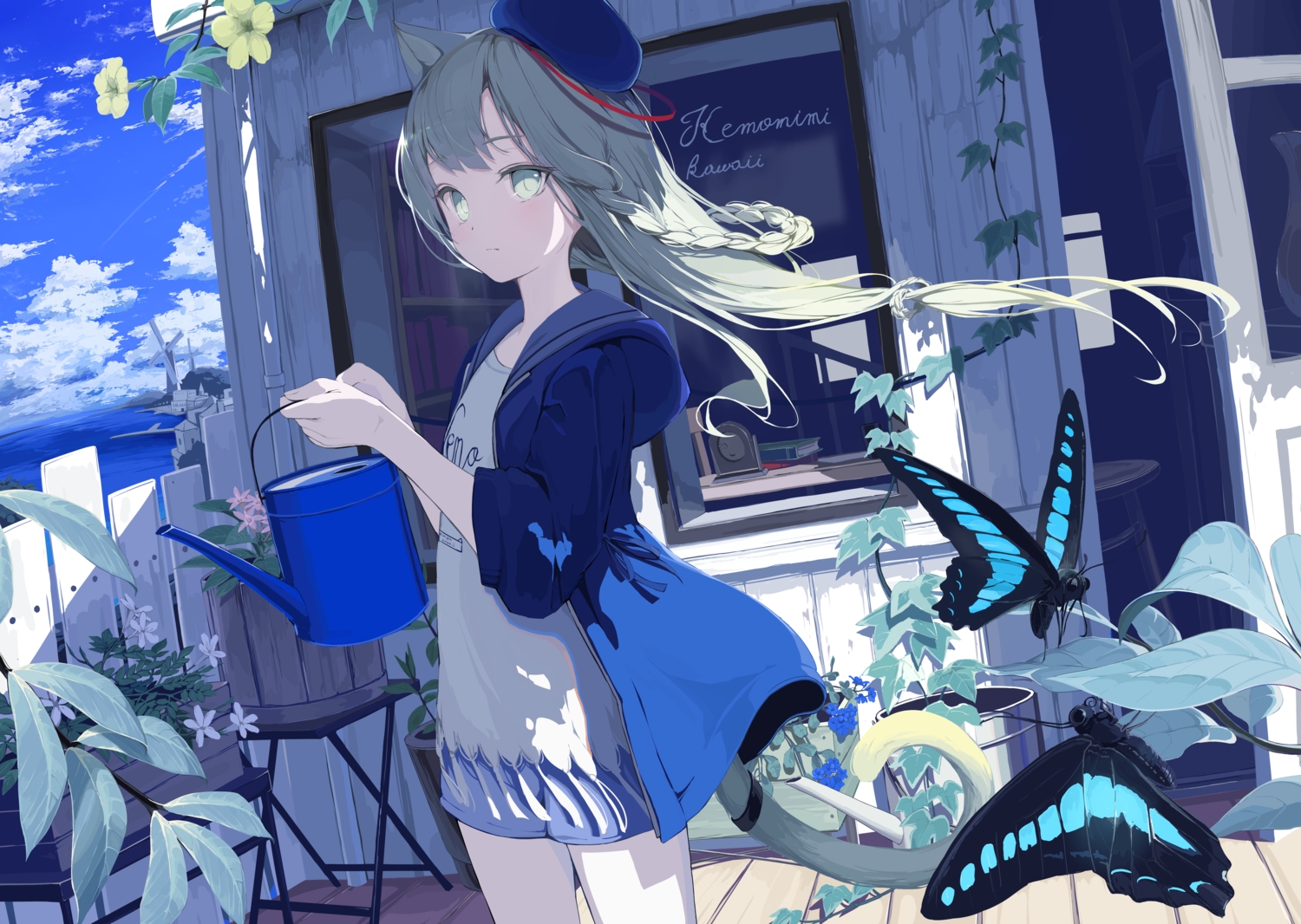 animal_ears, butterfly, catgirl, clouds, flowers, green_eyes, green_hair, hat