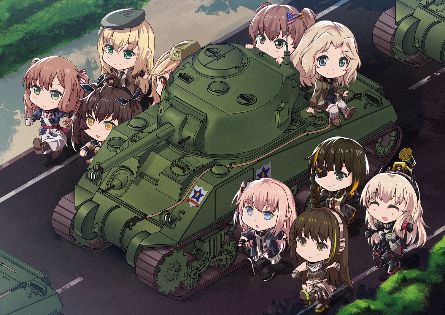 alisa_(girls_und_panzer), anthropomorphism, aqua_eyes, blonde_hair, boots, brown_eyes, brown_hair, chibi