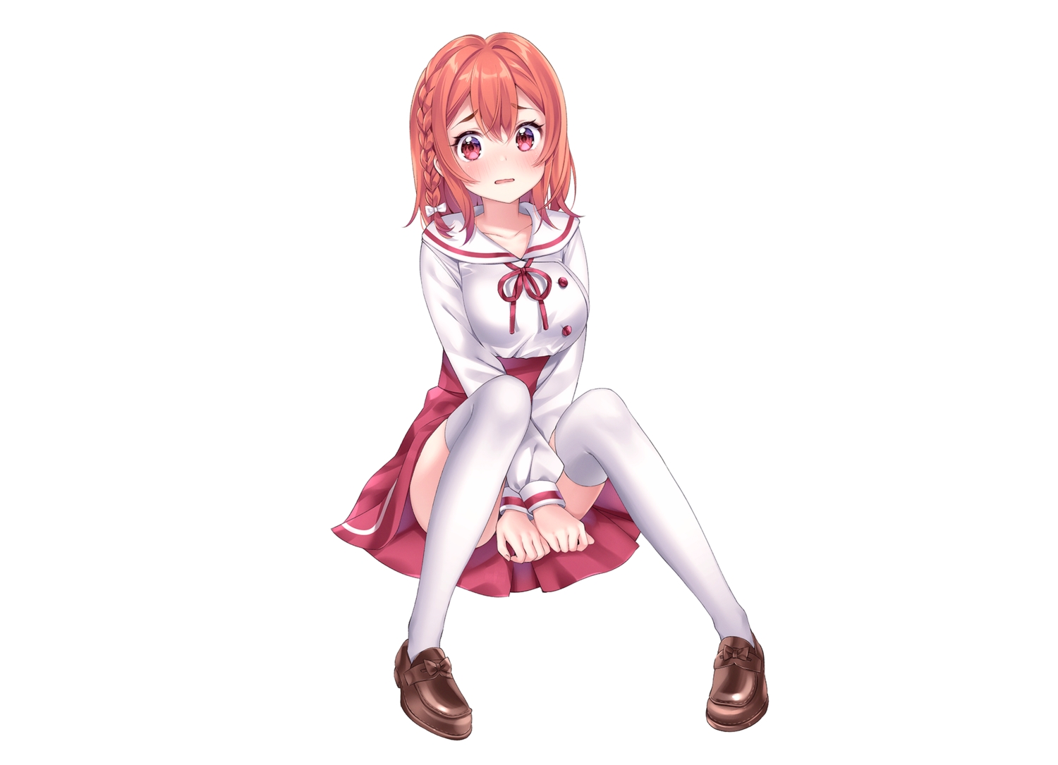 blush, braids, breast_hold, kanojo_okarishimasu, nami_(nyaa), red_eyes, red_hair, sakurasawa_sumi