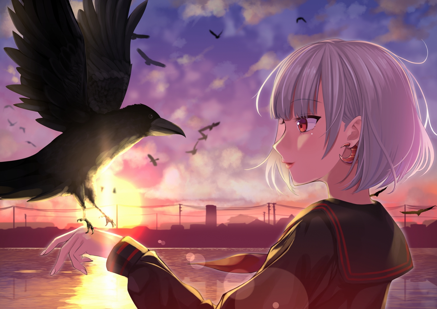 animal, bird, close, original, red_eyes, shaketarako, short_hair, sunset, white_hair
