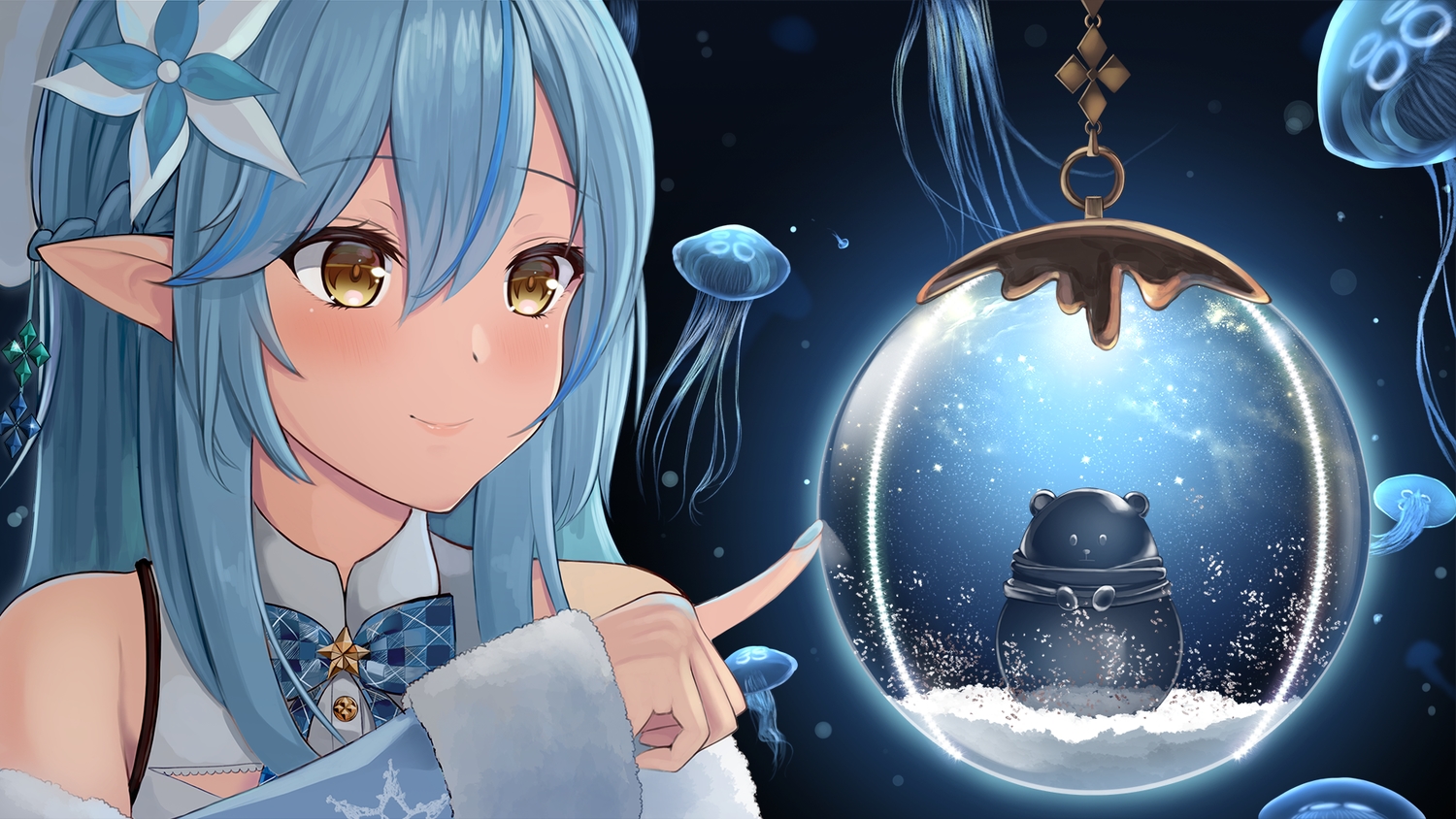 animal, blue_hair, bow, braids, close, hololive, pointed_ears, shaketarako, snow, yellow_eyes, yukihana_lamy