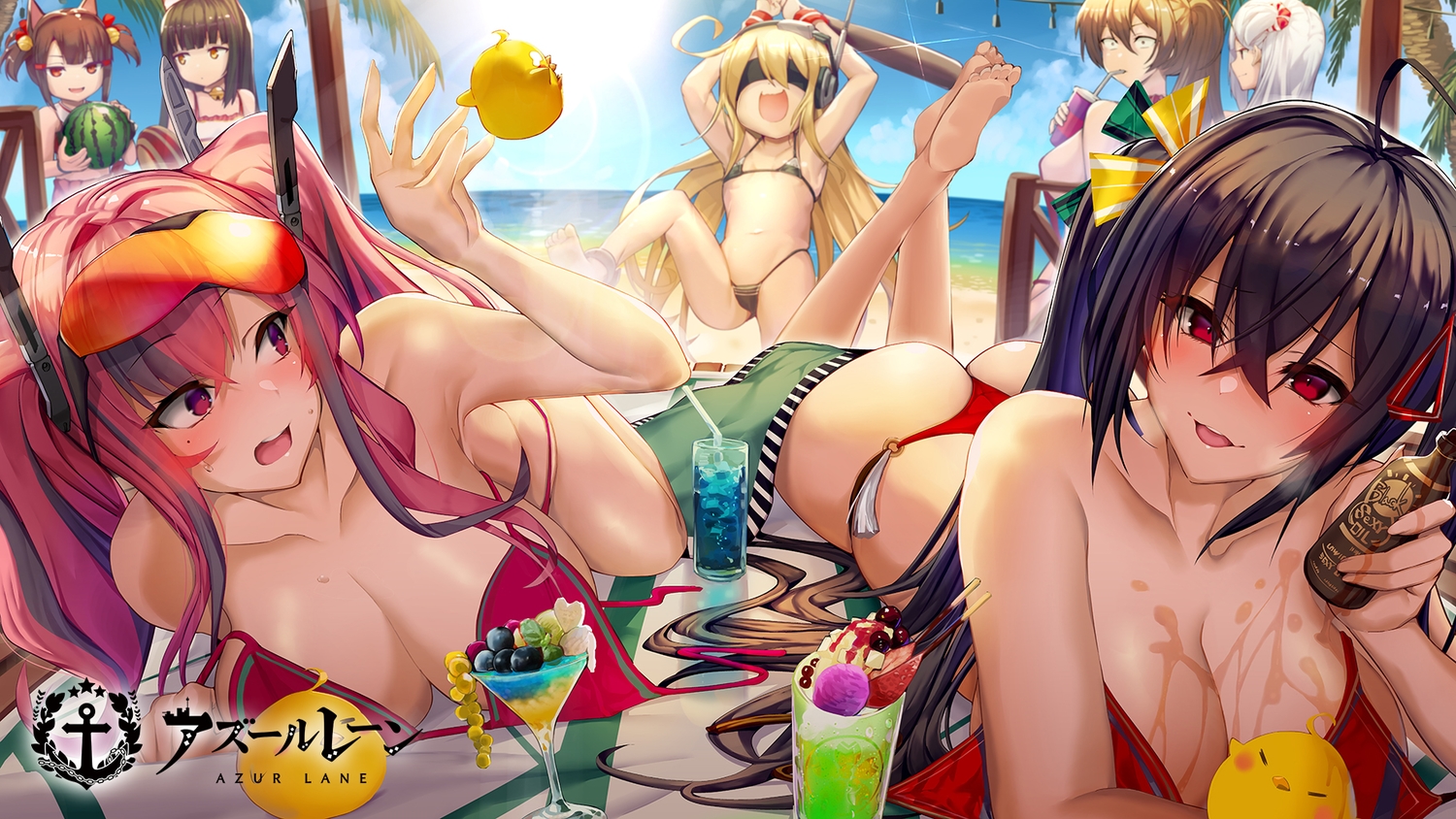 akagi-chan_(azur_lane), albacore_(azur_lane), animal, anthropomorphism, ass, azur_lane, beach, bikini