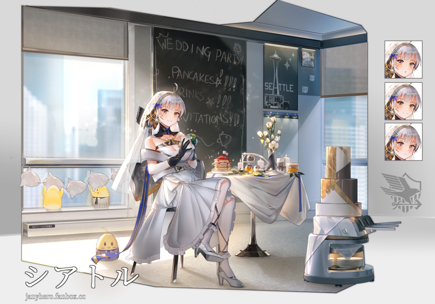aliasing, animal, anthropomorphism, azur_lane, bird, brown_eyes, cake, cat_smile