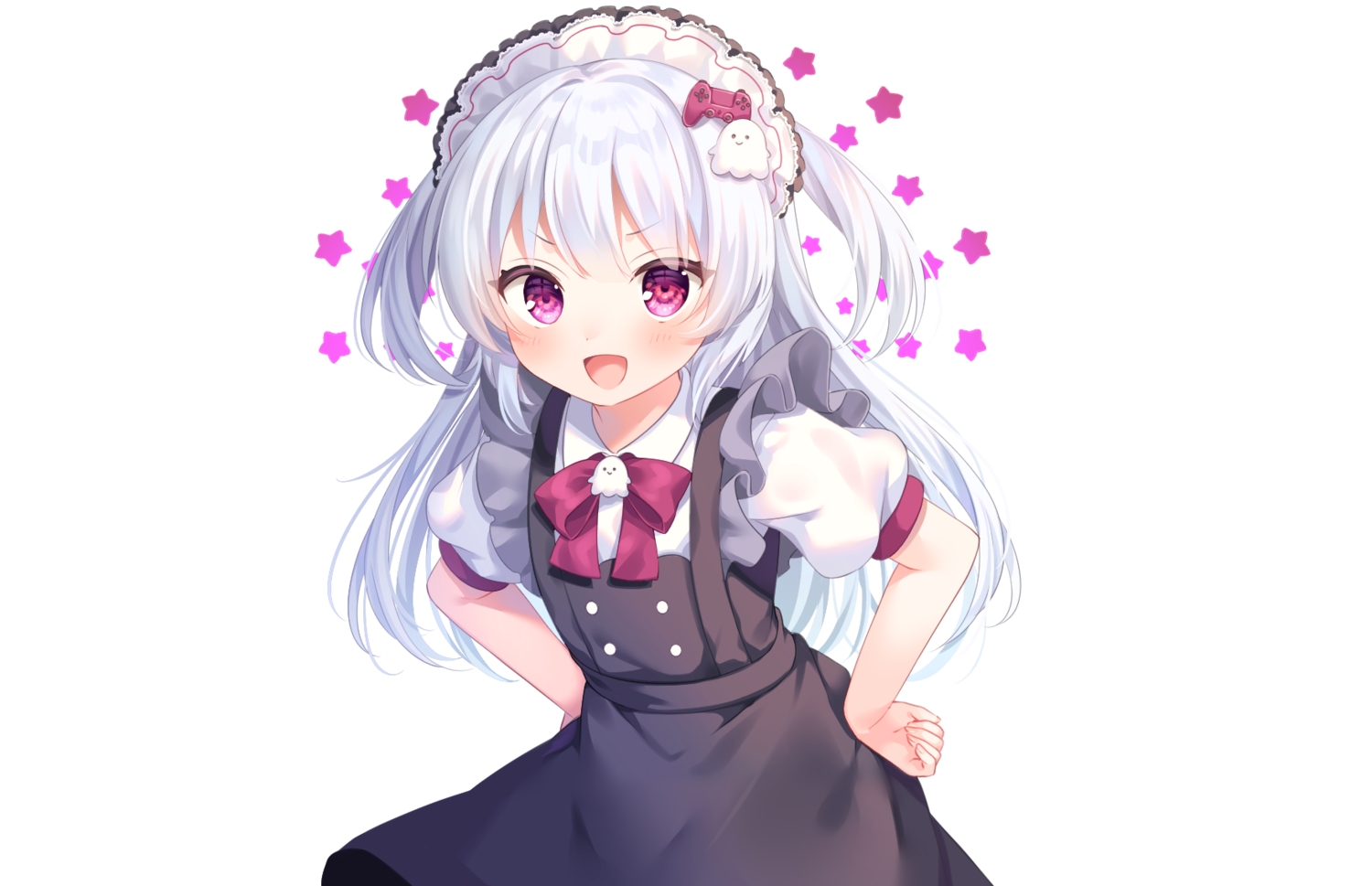 blush, bow, dress, headdress, komachi_pochi, long_hair, purple_eyes, stars