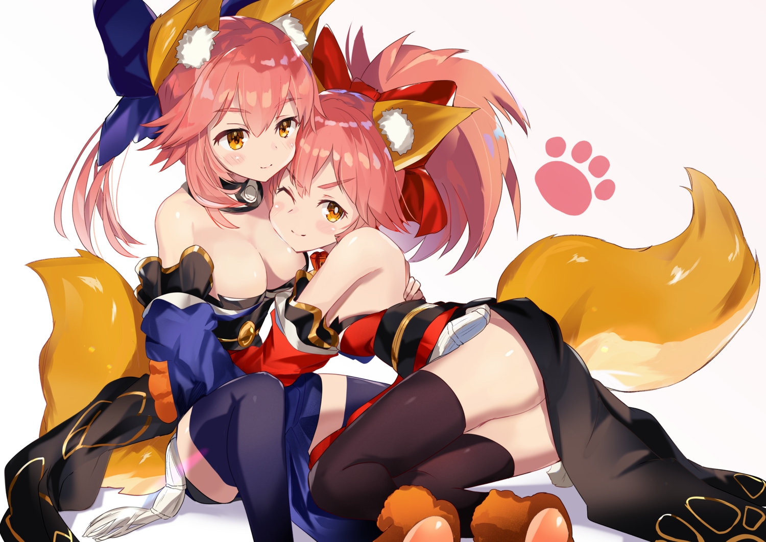2girls, animal_ears, blush, boots, bow, breasts, cleavage, collar, fate/extra_ccc, fate/grand_order, fate_(series), foxgirl, gloves, hug, japanese_clothes, long_hair, pink_hair, ponytail, same_(sendai623), tail, tamamo_cat, tamamo_no_mae_(fate), thighhighs, wink, yellow_eyes