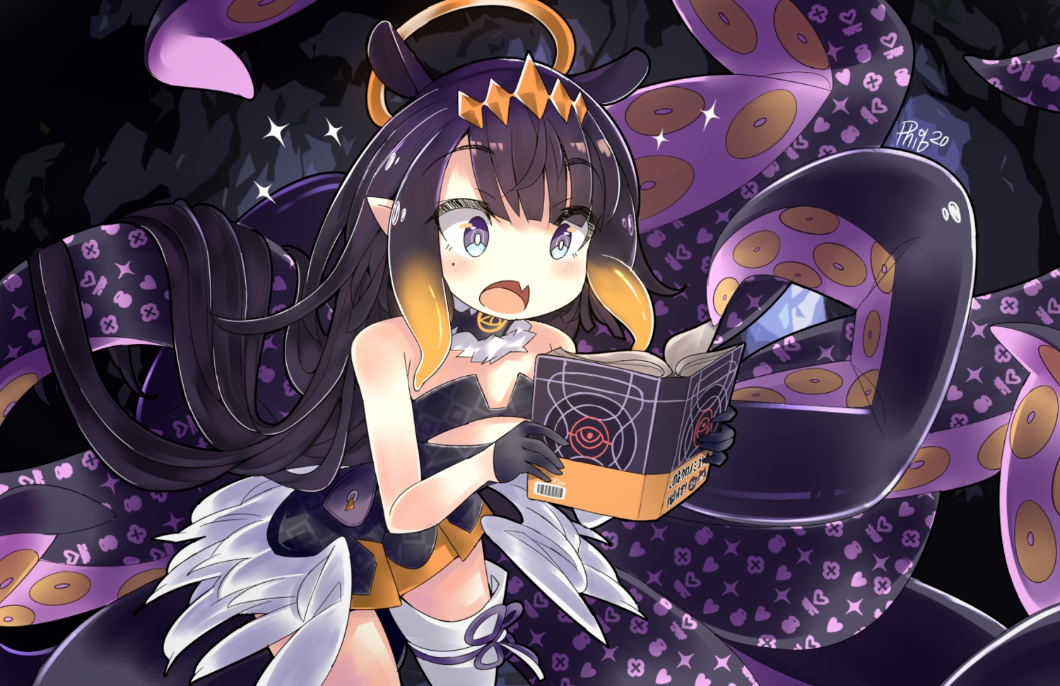 blush, book, dress, fang, flat_chest, gloves, halo, hololive, long_hair, ninomae_ina'nis, phibonnachee, pointed_ears, purple_eyes, purple_hair, signed, tentacles, thighhighs, wings, zettai_ryouiki